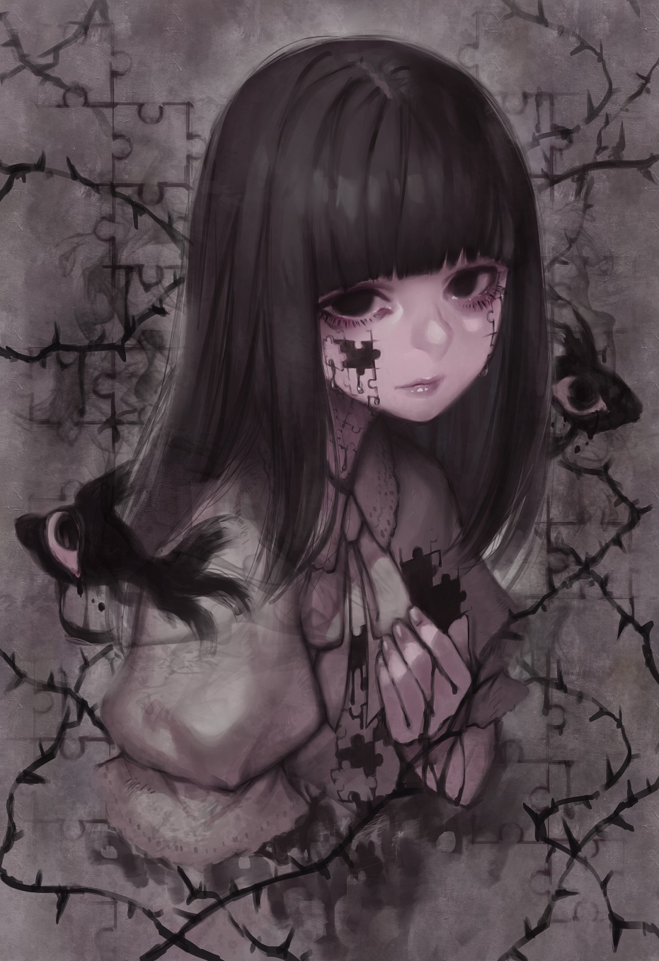 1girl bangs black_eyes black_hair closed_mouth commentary_request doku-chan_(dokkudokudoku) dress extra_eyes glaring grey_dress highres jitome juliet_sleeves long_hair long_sleeves looking_at_viewer original plant puffy_sleeves puzzle_piece solo thorns vines yandere