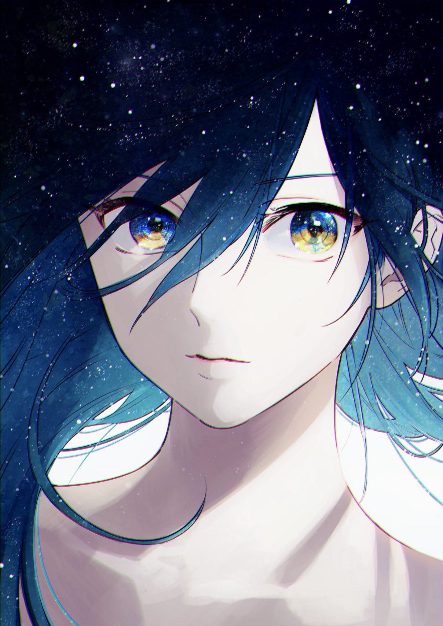 bangs black_hair closed_mouth commentary_request eyebrows_visible_through_hair face hair_between_eyes highres kazari_tayu long_hair looking_at_viewer original sky star star_(sky) starry_sky yellow_eyes