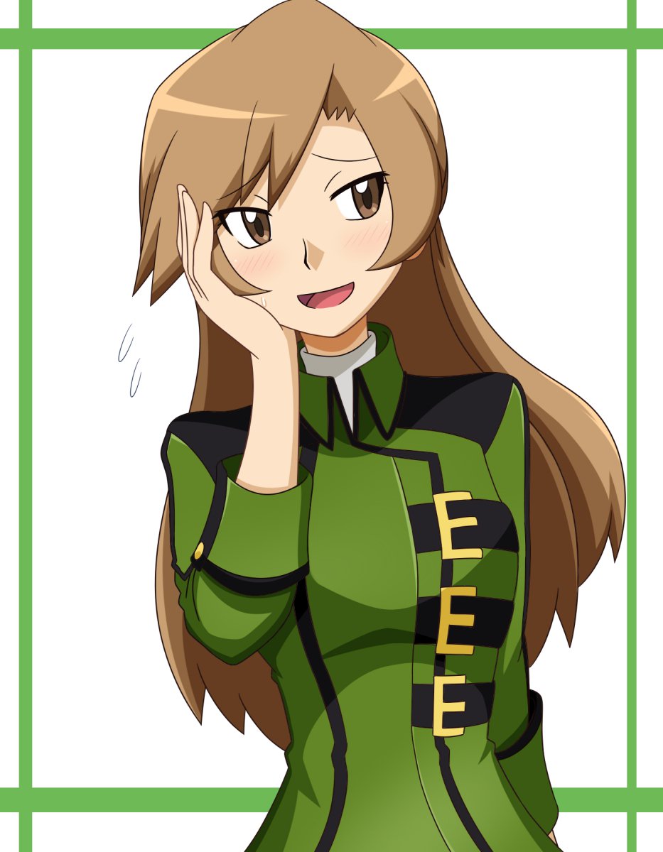 1girl blush brown_eyes brown_hair coach_trainer_(pokemon) creatures_(company) female flying_sweatdrops game_freak green_jacket hand_on_own_face hand_up head_tilt highres jacket kuro_hopper long_hair long_sleeves nintendo open_mouth pokemon pokemon_(game) pokemon_lgpe shirt smile solo upper_body white_shirt