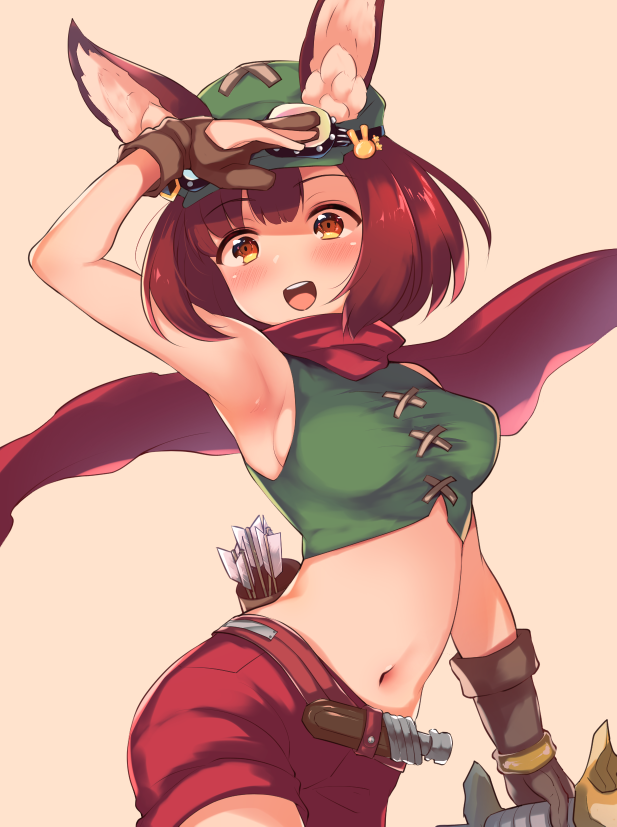 1girl :d animal_ear_fluff animal_ears armpits arrow bangs bare_shoulders black_gloves blush bow_(weapon) breasts bunny_hair_ornament bustier cabbie_hat calm_mashiro cosplay crop_top ears_through_headwear eyebrows_visible_through_hair gloves goggles goggles_on_headwear green_hat green_shirt hair_ornament hat hound_(sekaiju) looking_at_viewer medium_breasts midriff navel open_mouth partly_fingerless_gloves quiver rabbit_ears ranger_(sekaiju) ranger_(sekaiju)_(cosplay) red_scarf red_shorts redhead salute scarf sekaiju_no_meikyuu shirt shorts sideboob smile solo weapon yellow_eyes