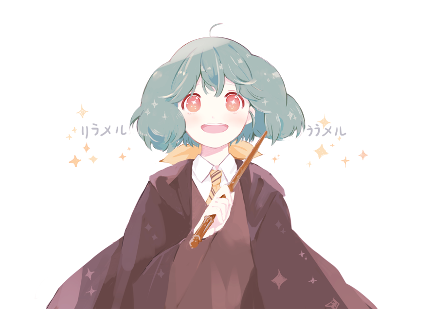 1girl :d ahoge alternate_costume green_hair harry_potter hogwarts_school_uniform lrul macross macross_frontier necktie open_mouth ranka_lee red_eyes robe school_uniform short_hair smile solo symbol-shaped_pupils wand