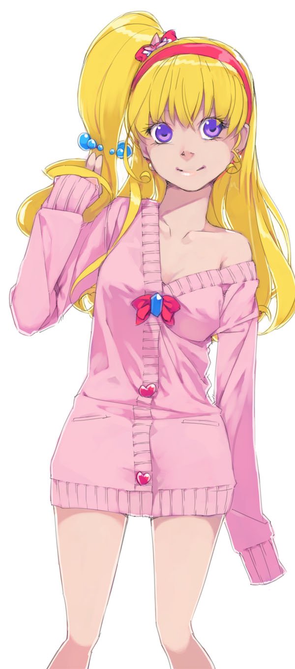 1girl aikatsu! aikatsu!_(series) akinbo_(hyouka_fuyou) bangs blonde_hair bow breasts cleavage collarbone earrings hair_bow hairband high_ponytail highres hoshimiya_ichigo jewelry long_hair looking_at_viewer off_shoulder pink_cardigan red_bow red_hairband side_ponytail simple_background sleeves_past_wrists small_breasts smile solo standing very_long_hair violet_eyes white_background
