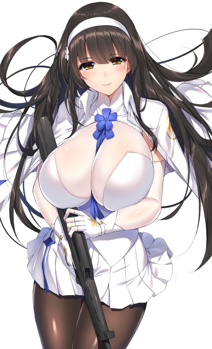 1girl assault_rifle bangs between_breasts black_hair black_legwear blue_neckwear blush breasts bullpup cape cleavage closed_mouth eyebrows_visible_through_hair floating_hair flower girls_frontline gloves gun hair_flower hair_ornament hairband holding large_breasts long_hair looking_at_viewer minamon_(vittel221) necktie necktie_between_breasts pantyhose qbz-95 qbz-95_(girls_frontline) rifle shirt simple_background skirt smile solo very_long_hair weapon white_gloves white_hairband white_shirt white_skirt yellow_eyes