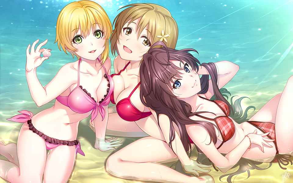 blonde_hair blue_eyes breast_press breasts brown_hair flower hair_flower hair_ornament holding ichinose_shiki idolmaster idolmaster_cinderella_girls large_breasts light_rays light_reflection_(water) long_hair medium_breasts mikapoe mimura_kanako miyamoto_frederica open_mouth partially_submerged pink_swimsuit plaid plaid_swimsuit red_swimsuit seashell shell short_hair signature smile swimsuit water