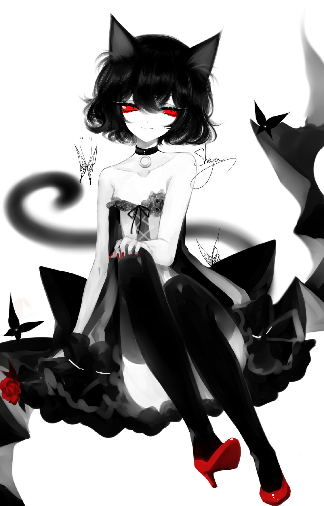 1girl animal_ear_fluff animal_ears artist_name ass bangs bare_arms bare_shoulders black_choker black_hair bug butterfly cat_ears cat_tail choker collarbone commentary convenient_leg dress eyelashes flat_chest flower full_body hair_between_eyes hand_on_own_knee high_heels highres insect knees_up limited_palette looking_at_viewer nail_polish original petticoat red_eyes red_flower red_footwear red_nails red_rose rose sheya short_hair signature simple_background smile solo spot_color strapless strapless_dress symbol_commentary tail thigh-highs thighs white_background