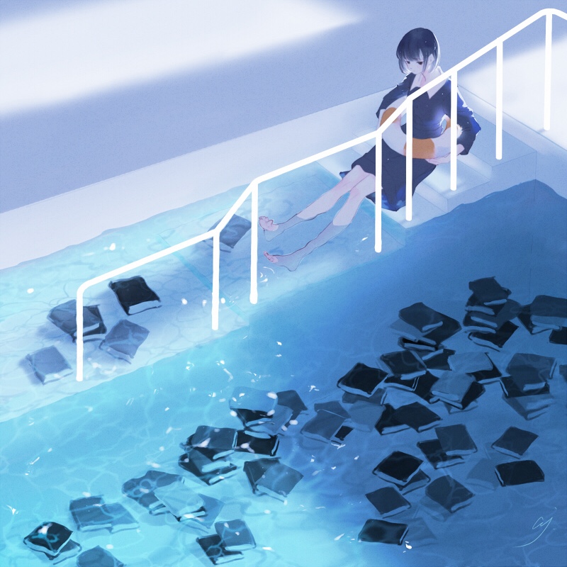 1girl ajimita barefoot black_eyes black_hair blue_dress book dress indoors innertube original railing short_hair signature sitting soaking_feet solo stairs water