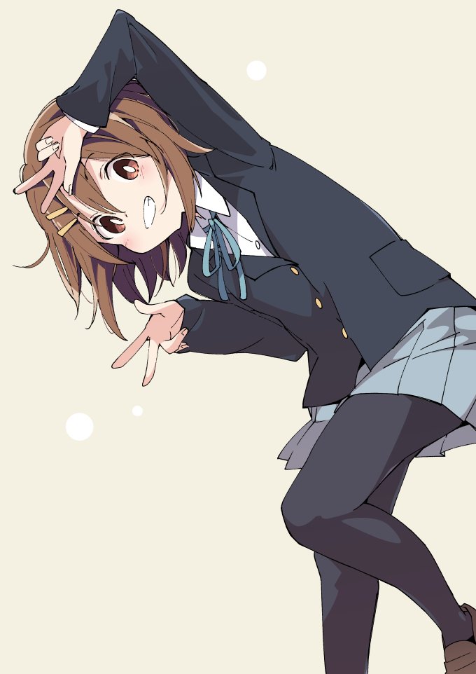 1girl black_legwear blazer blue_ribbon blue_skirt brown_eyes brown_hair clenched_teeth double_v eyebrows_visible_through_hair hair_ornament hairclip hirasawa_yui ixy jacket k-on! long_hair long_sleeves pantyhose pleated_skirt ribbon sakuragaoka_high_school_uniform school_uniform short_hair skirt smile solo teeth v