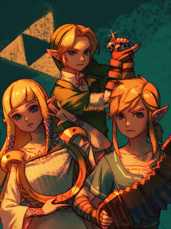 1girl 2boys accordion artist_name bangs bellhenge blonde_hair harp instrument link long_hair nintendo ocarina pointy_ears princess_zelda the_legend_of_zelda the_legend_of_zelda:_breath_of_the_wild the_legend_of_zelda:_ocarina_of_time the_legend_of_zelda:_skyward_sword triforce tunic