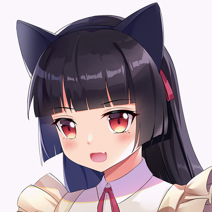 1girl :d animal_ears apron bangs black_hair blunt_bangs cat_ears collared_dress commentary_request eyebrows_visible_through_hair fake_animal_ears fang gokou_ruri grey_background hairband long_hair looking_at_viewer maid_apron mole mole_under_eye open_mouth ore_no_imouto_ga_konna_ni_kawaii_wake_ga_nai portrait red_eyes simple_background smile solo tamaxi wing_collar