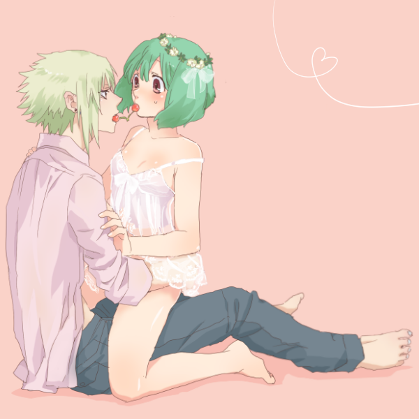 1boy 1girl alternate_costume bare_legs barefoot blush breasts brera_sterne brother_and_sister cero_(cerocero) cherry food fruit girl_on_top green_hair head_wreath incest looking_at_another macross macross_delta macross_frontier mouth_hold ranka_lee red_eyes see-through short_hair siblings small_breasts straddling strap_slip