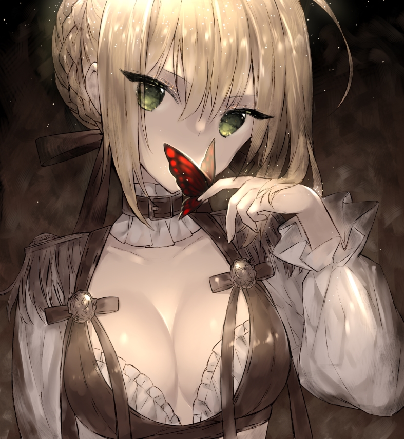 1girl animal bangs black_bow blonde_hair bow braid breasts bug butterfly cleavage collarbone commentary covered_mouth epaulettes eyebrows_visible_through_hair fate/extra fate_(series) green_eyes hair_between_eyes hair_bow hair_bun head_tilt insect long_sleeves medium_breasts nero_claudius_(fate) nero_claudius_(fate)_(all) puffy_long_sleeves puffy_sleeves shirt short_hair sidelocks solo symbol_commentary touwa_nikuman upper_body white_shirt