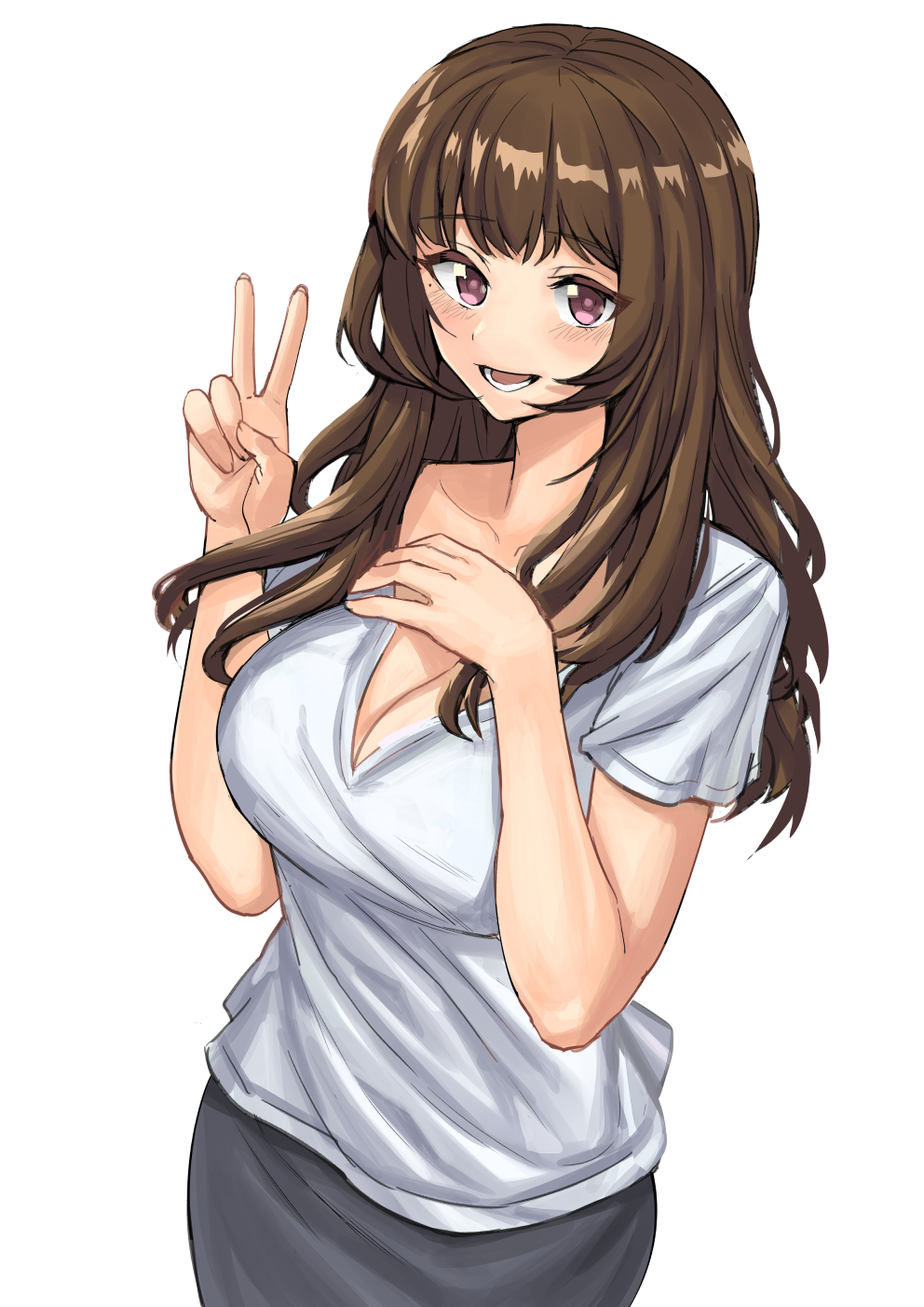 1girl :d breasts brown_hair cleavage hand_up highres large_breasts long_hair looking_at_viewer mature open_mouth original pose pyea shirt smile standing t-shirt v violet_eyes white_background