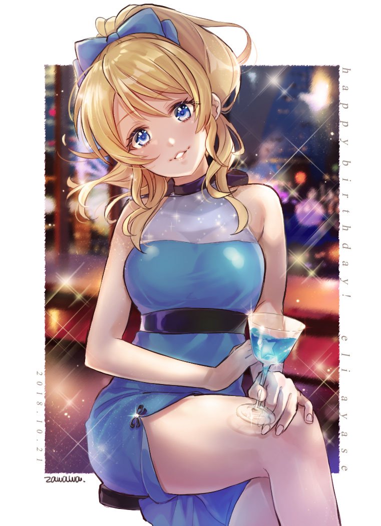 1girl 2018 artist_name ayase_eli bangs birthday blonde_hair blue_eyes blue_ribbon character_name commentary_request cup dated drinking_glass english eyebrows_visible_through_hair hair_ribbon happy_birthday head_tilt long_hair looking_at_viewer love_live! love_live!_school_idol_project ponytail ribbon signature smile solo zawawa_(satoukibi1108)