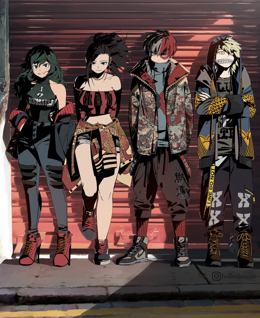 2boys 2girls bare_shoulders black_eyes black_hair blue_eyes boku_no_hero_academia boots breasts burn_scar casual cleavage clonion clothes_around_waist collarbone commentary crossed_arms dark_green_hair earrings english_commentary facial_scar grey_eyes grin hand_in_pocket heterochromia high_collar high_heel_boots high_heels highres honenuki_juuzou hoop_earrings jacket_around_waist jewelry light_brown_hair long_hair looking_at_viewer midriff multicolored_hair multiple_boys multiple_girls navel off_shoulder redhead ribbed_shirt scar shirt shoes shorts sidewalk sleeveless sleeveless_shirt smile sneakers spiky_hair strapless_shirt teeth todoroki_shouto tokage_setsuna two-tone_hair white_hair yaoyorozu_momo