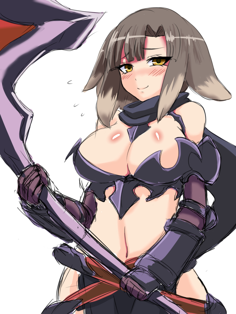 1girl animal_ears blush breasts brown_hair character_request closed_mouth cosplay dog_ears flying_sweatdrops holding holding_weapon kikimora_(monster_girl_encyclopedia) large_breasts looking_at_viewer monster_girl monster_girl_encyclopedia murayama_nakoto navel revealing_clothes short_hair simple_background smile solo standing sweatdrop upper_body weapon white_background yellow_eyes