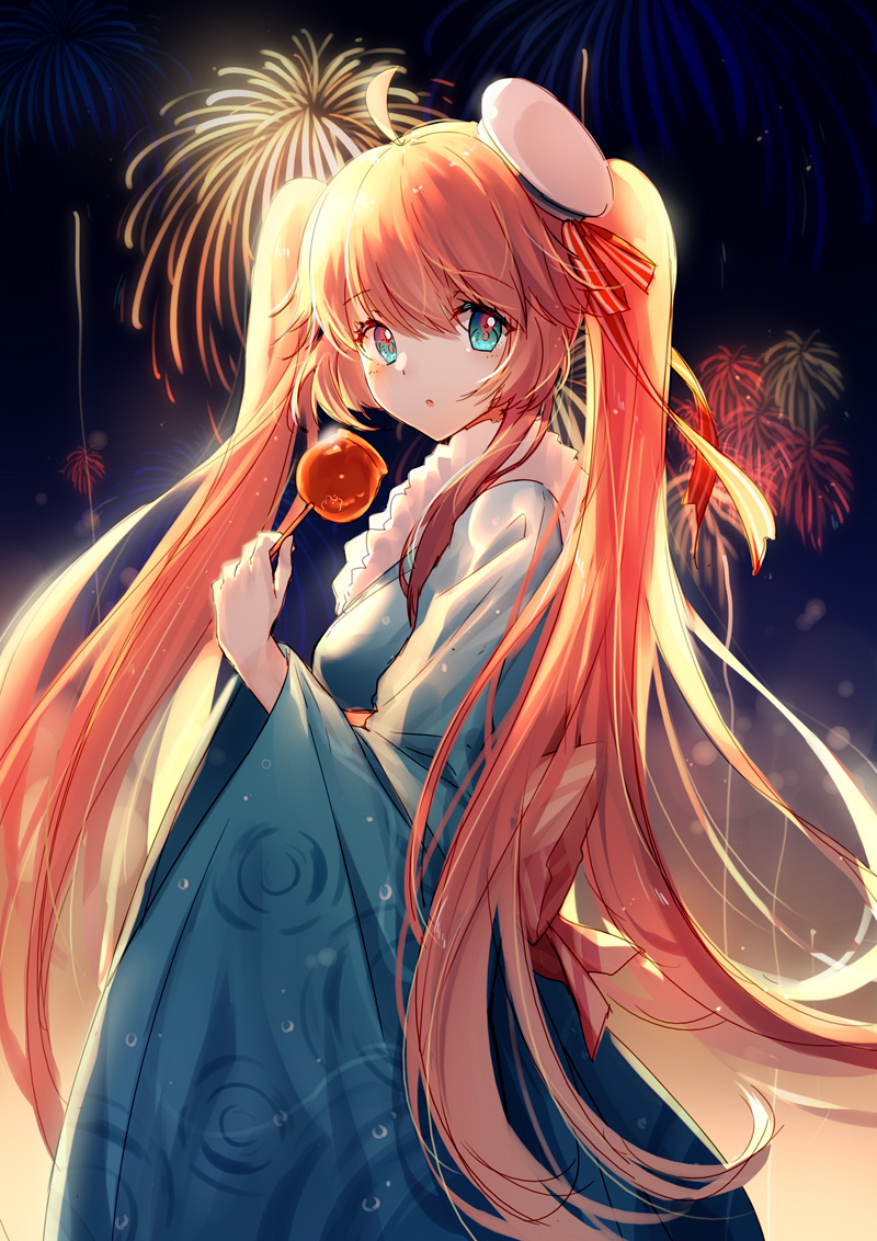 1girl :o aerial_fireworks ahoge backlighting bangs bison_cangshu blue_eyes blue_kimono blush bow breasts candy_apple commentary_request eyebrows_visible_through_hair fireworks food from_side hair_between_eyes hat hat_ribbon japanese_clothes kimono long_hair long_sleeves looking_at_viewer medium_breasts mini_hat night night_sky outdoors parted_lips pink_bow pink_hair print_kimono red_ribbon ribbon sky solo striped striped_ribbon taihou_(zhan_jian_shao_nyu) twintails very_long_hair white_hat wide_sleeves zhan_jian_shao_nyu