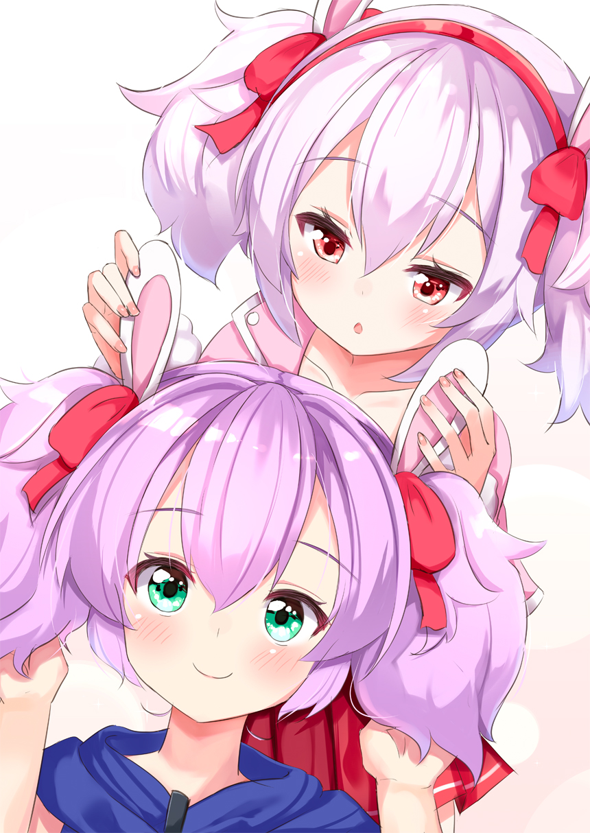 2girls alternate_hairstyle ame. animal_ears azur_lane bangs blush bow closed_mouth collarbone commentary_request dutch_angle eyebrows_visible_through_hair green_eyes hair_between_eyes hair_bow hairband hands_up highres jacket javelin_(azur_lane) laffey_(azur_lane) matching_hairstyle multiple_girls off_shoulder parted_lips pink_jacket rabbit_ears red_bow red_hairband short_twintails silver_hair simple_background smile twintails violet_eyes white_background