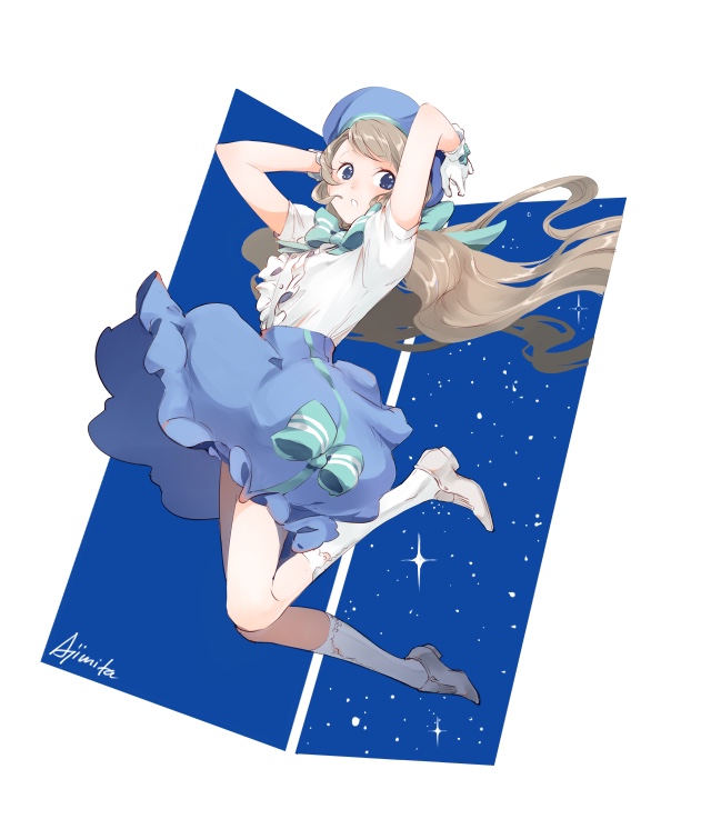 1girl ajimita blonde_hair blue_eyes blue_hat blue_neckwear blue_skirt bow bowtie floating_hair gloves grey_footwear hat jumping long_hair original parted_lips shirt shoes short_sleeves signature skirt socks solo star_(sky) white_gloves white_legwear white_shirt