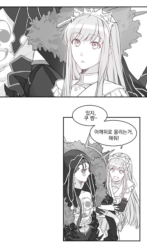 1boy 1girl :d arm_hug chest_tattoo comic cu_chulainn_alter_(fate/grand_order) facial_mark fate/grand_order fate_(series) gloves greyscale hood korean lancer long_hair medb_(fate)_(all) medb_(fate/grand_order) mikkat monochrome navel open_mouth smile spikes tattoo tiara translation_request