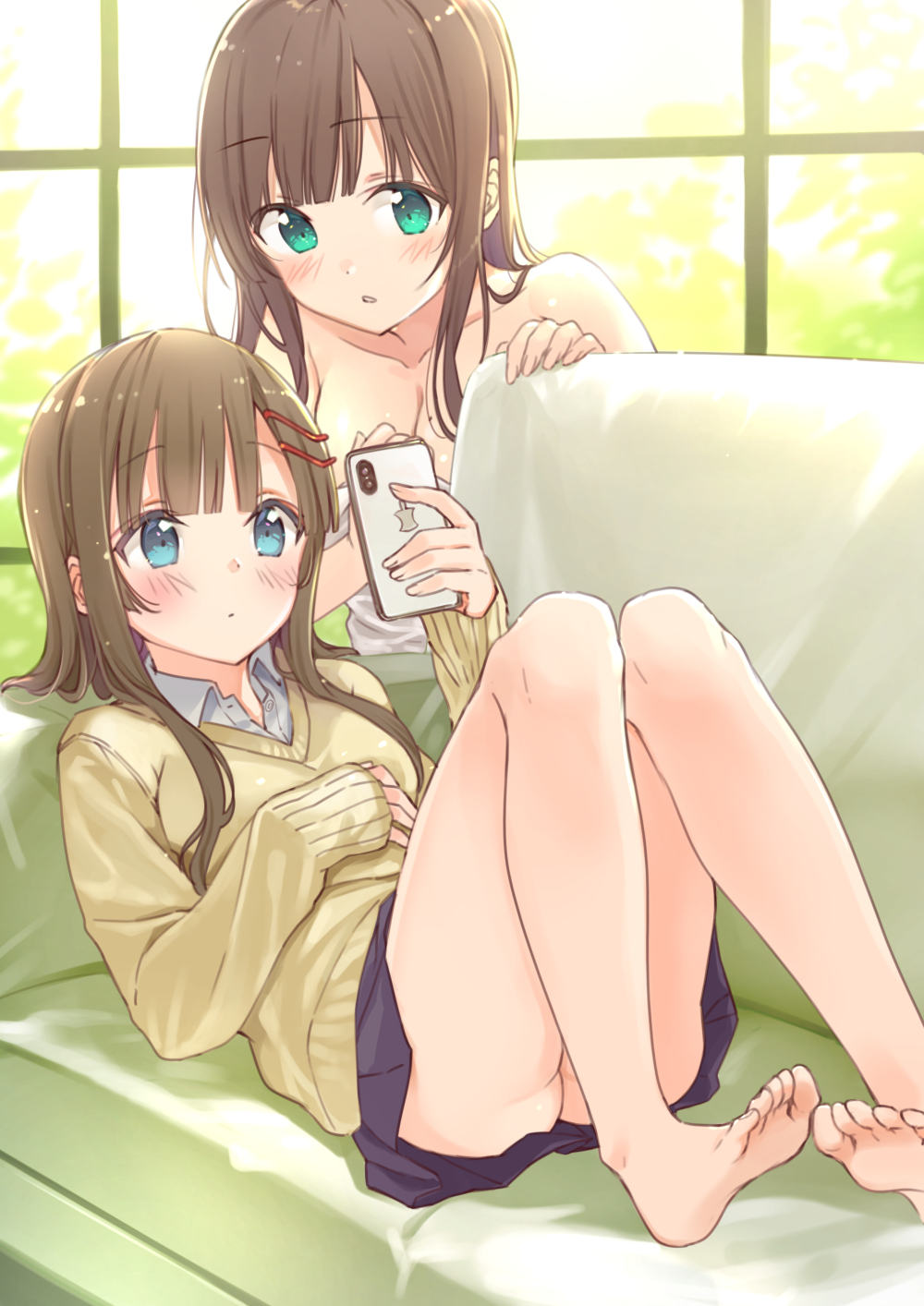 2girls aqua_eyes ass backlighting bangs bare_legs barefoot blue_eyes blue_skirt blunt_bangs blush breasts brown_hair brown_sweater cellphone cleavage closed_mouth collarbone collared_shirt couch day eyebrows_visible_through_hair hair_ornament hairclip hand_on_own_chest hand_up highres holding holding_phone indoors knees_up leaning_forward long_hair long_sleeves maigoyaki medium_breasts miniskirt mole mole_on_breast multiple_girls naked_towel no_panties on_couch original parted_lips phone pleated_skirt reclining shirt sidelocks skirt sleeves_past_wrists smartphone sweater towel undershirt white_shirt window