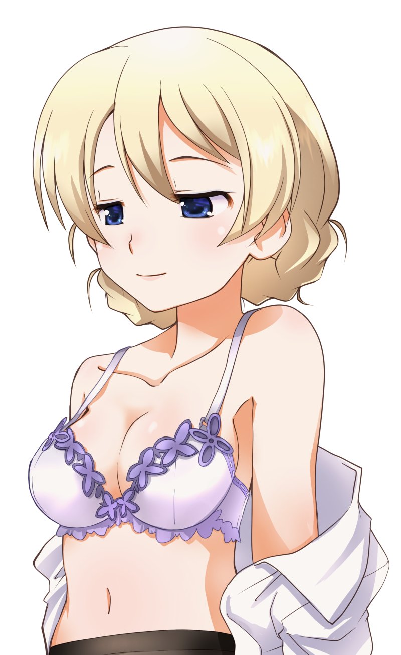 1girl arms_behind_back bangs blonde_hair blue_bra blue_eyes bra braid breasts cleavage closed_mouth collarbone commentary_request darjeeling dress_shirt girls_und_panzer half-closed_eyes highres light_smile looking_to_the_side medium_breasts navel off_shoulder open_clothes open_shirt osamada_meika shirt short_hair simple_background solo standing tied_hair twin_braids underwear undressing upper_body white_background white_shirt