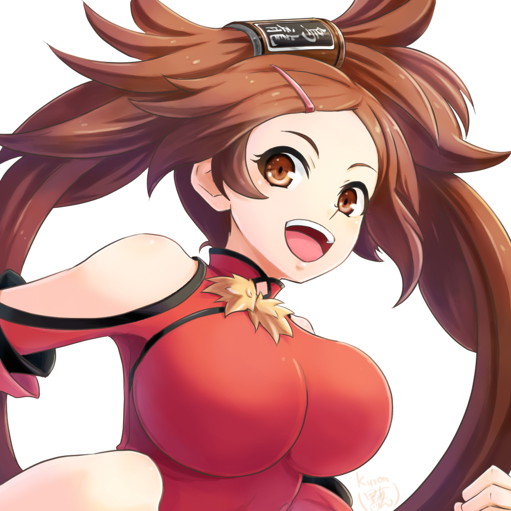 1girl bangs bare_shoulders breasts brown_eyes brown_hair can chinese_clothes commentary_request guilty_gear hair_ornament hair_ring hairclip kuradoberi_jam kuroa_(kuroan) large_breasts looking_at_viewer open_mouth shiny shiny_hair signature simple_background smile solo twintails upper_body white_background