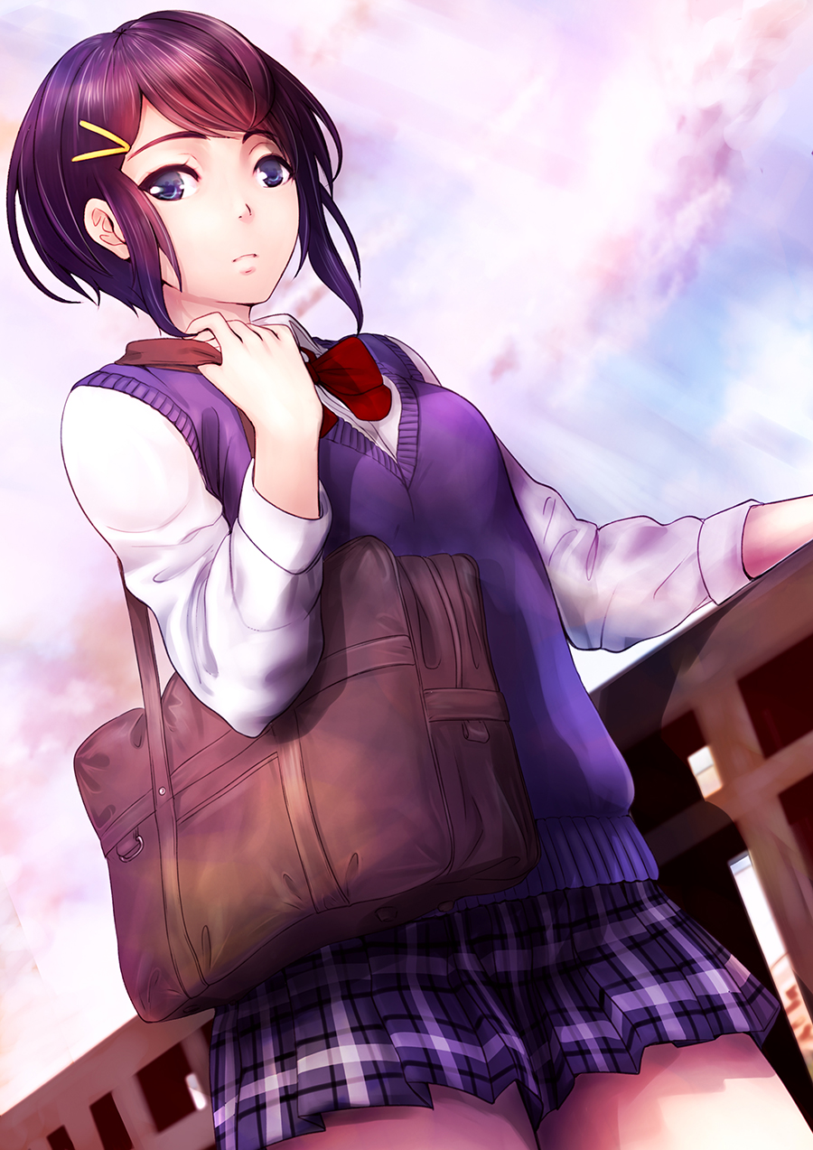 1girl :| bag black_hair blue_eyes blue_sky blue_vest bookbag bow closed_mouth day hair_ornament hairclip hand_up highres konekoneko_(indonesia) looking_at_viewer original outdoors plaid plaid_skirt railing red_bow school_uniform shirt short_hair sidelocks skirt sky vest white_shirt