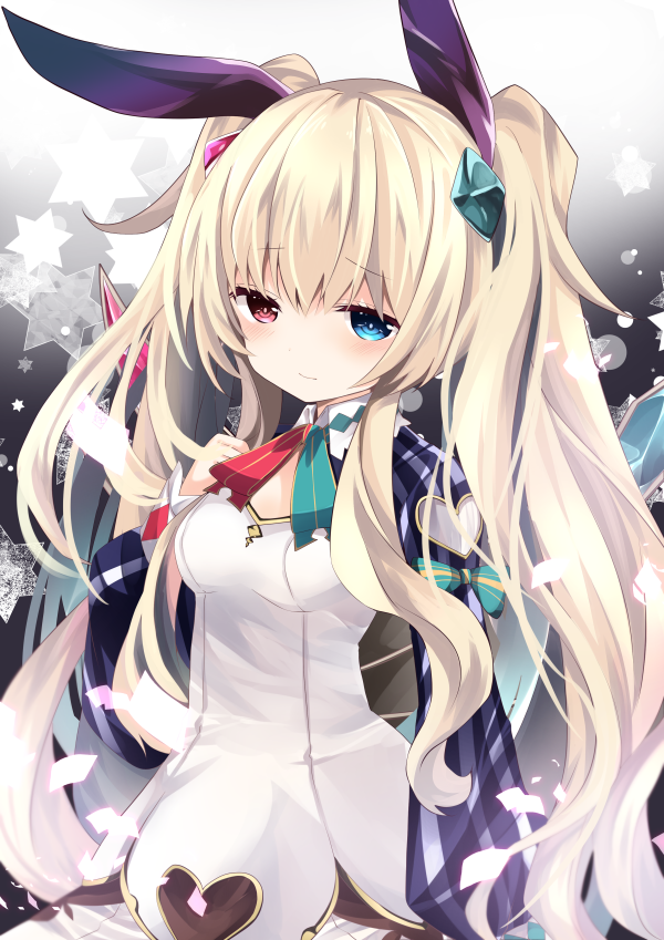 1girl animal_ears bangs blonde_hair blue_eyes blush breasts closed_mouth commentary_request eyebrows_visible_through_hair gradient gradient_background grey_background grimms_notes hair_between_eyes hand_up heart heterochromia long_hair long_sleeves nanase_nao rabbit_ears red_eyes shirt small_breasts solo star twintails upper_body very_long_hair white_background white_shirt