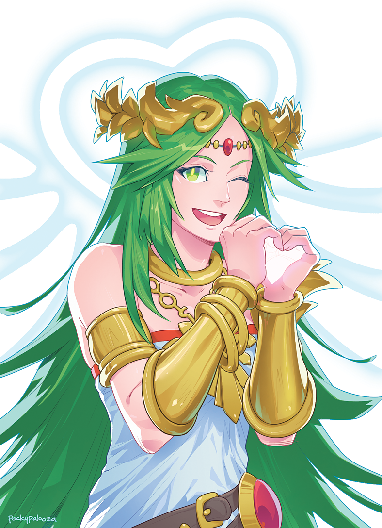 1girl bare_shoulders breasts dress goddess green_eyes green_hair heart heart_hands jewelry kid_icarus kid_icarus_uprising long_hair looking_at_viewer necklace nintendo open_mouth palutena pockypalooza smile solo super_smash_bros. tiara very_long_hair