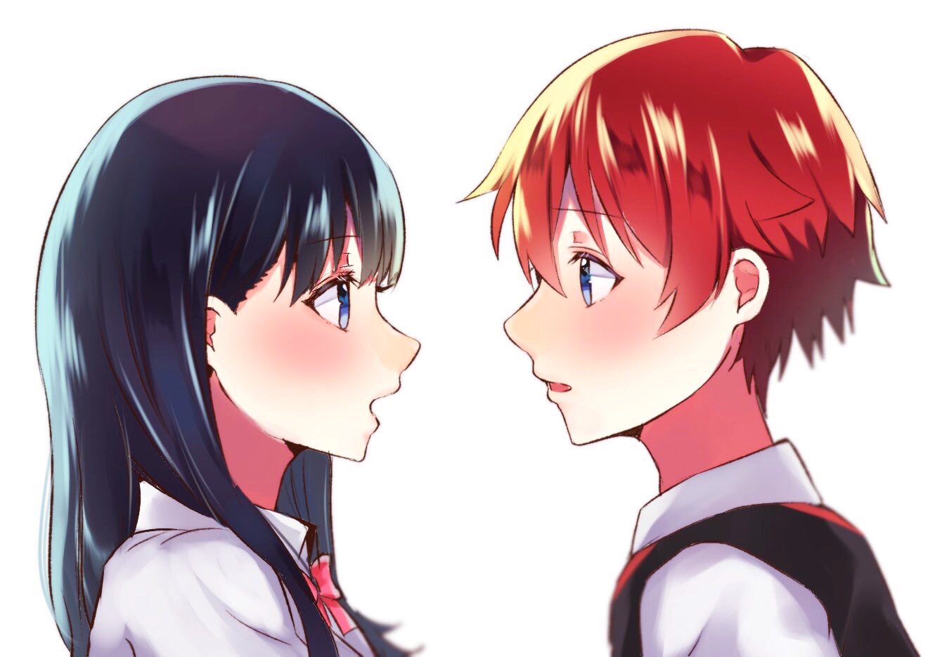 1boy 1girl bangs black_hair blue_eyes blush bow bowtie cardigan collared_shirt commentary_request couple face-to-face facing_another hetero hibiki_yuuta komugi_(komugi_ckdi) long_hair looking_at_another red_bow red_neckwear redhead school_uniform shirt short_hair ssss.gridman sweater takarada_rikka waistcoat white_cardigan white_shirt white_sweater wing_collar