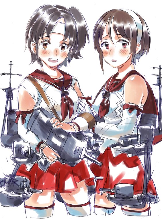 2girls black_hair blush breasts brown_eyes brown_hair commentary detached_sleeves eyebrows_visible_through_hair gun hachimaki hair_between_eyes hairband headband holding holding_gun holding_weapon kantai_collection looking_at_viewer machinery multiple_girls nagara_(kantai_collection) natori_(kantai_collection) neckerchief one_side_up open_mouth pleated_skirt red_eyes red_neckwear red_ribbon red_sailor_collar red_skirt ribbon rigging round_teeth sagamiso sailor_collar school_uniform serafuku shide short_hair simple_background skirt smile teeth thigh-highs turret weapon white_background white_hairband white_headband white_legwear