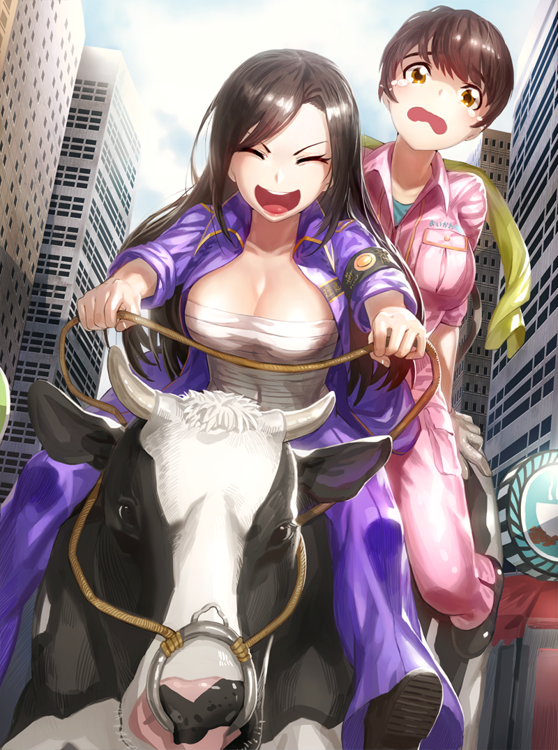 2girls :d animal animal_ears blue_shirt bousouzoku breasts brown_eyes brown_hair building city cityscape cleavage closed_eyes commentary_request cow crying crying_with_eyes_open gloves horns idolmaster idolmaster_cinderella_girls kfr large_breasts long_hair mukai_takumi multiple_girls oikawa_shizuku open_mouth outdoors pants pink_pants pink_shirt riding sarashi shirt short_hair skyline sleeves_rolled_up smile tears wavy_mouth white_gloves