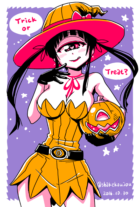 1girl :q black_gloves blush bow breasts contrapposto cowboy_shot cyclops dated dress english gloves halloween hand_up hat hat_bow heart heart-shaped_pupils hitomi_sensei_no_hokenshitsu holding jack-o'-lantern large_breasts licking_lips lipstick long_hair looking_at_viewer makeup manaka_hitomi neck_ribbon one-eyed purple_background red_lipstick red_neckwear red_ribbon ribbon shake-o short_dress solo symbol-shaped_pupils tongue tongue_out twintails twitter_username witch