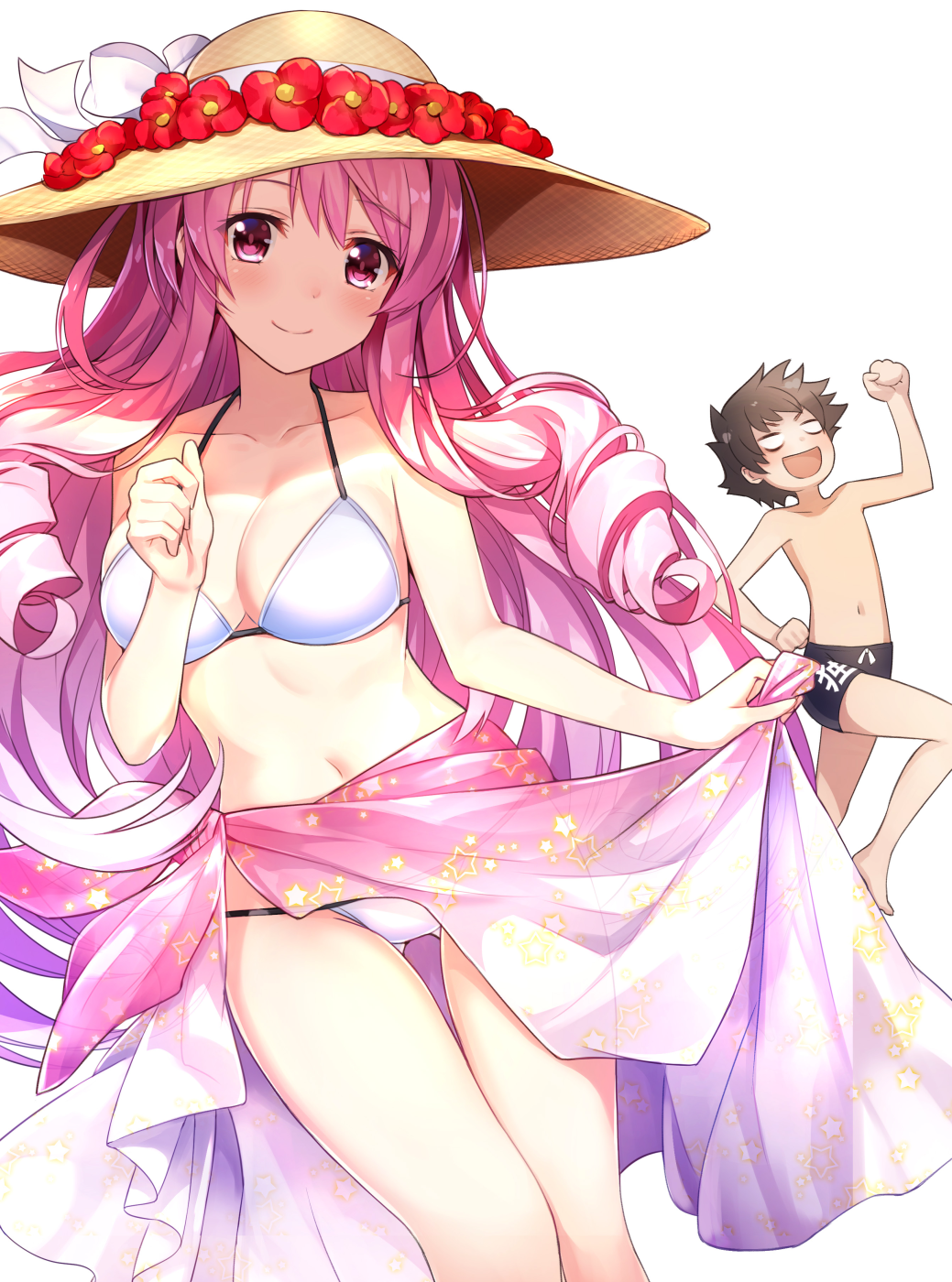 1boy 1girl :d amagai_tarou barefoot bikini blank_eyes boku_wa_riajuu_zettai_bakuhatsu_saseru-man bow breasts brown_hair cleavage collarbone drill_hair floating_hair flower hair_between_eyes hat hat_bow hat_flower highres kunitsugi_seira large_breasts long_hair navel official_art open_mouth pink_eyes pink_hair red_flower sarong smile solo_focus straw_hat sun_hat swimsuit swimwear twin_drills very_long_hair white_background white_bikini white_bow yellow_hat