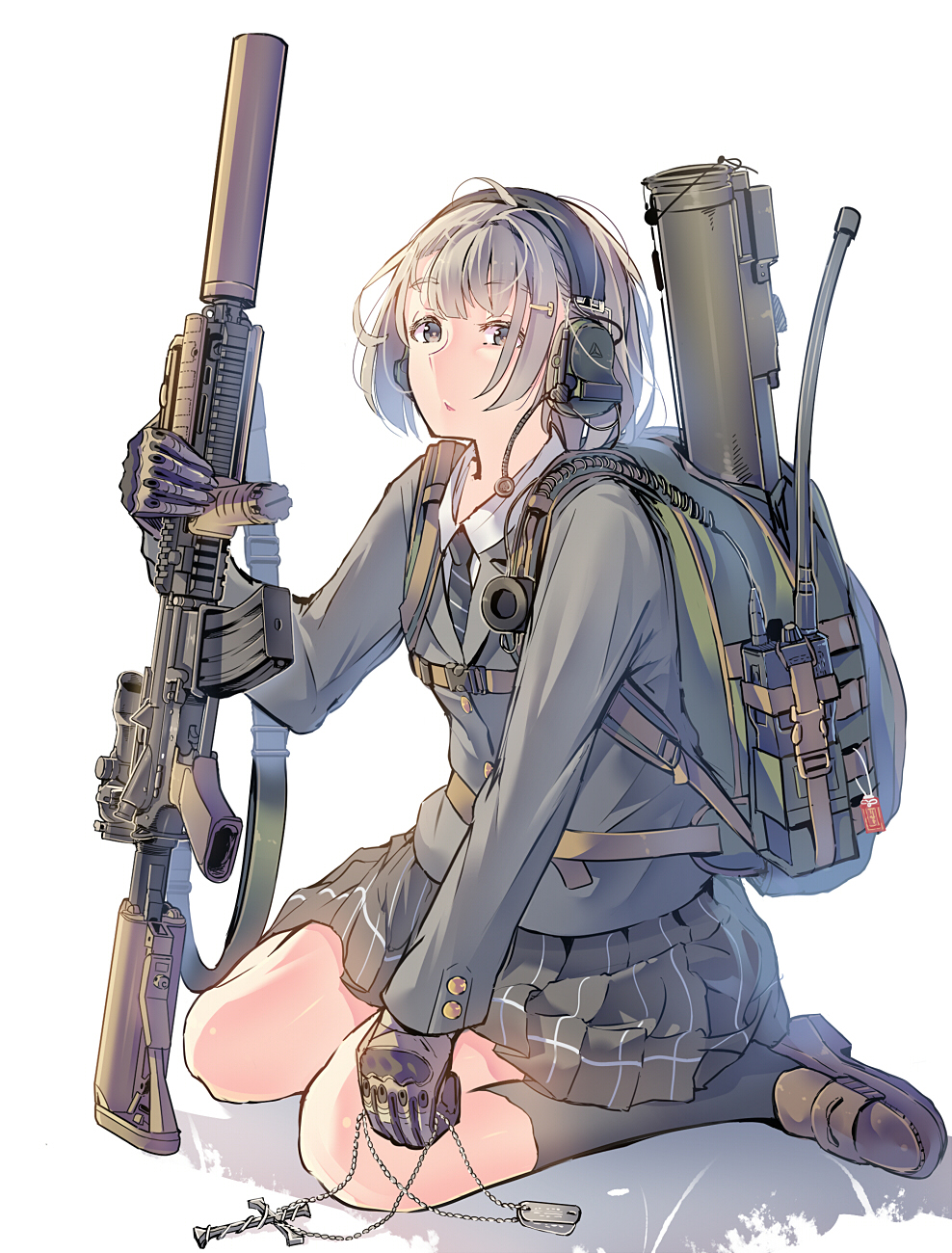 1girl assault_rifle backpack bag bangs belt black_jacket black_legwear black_neckwear black_skirt blazer brown_footwear buttons collared_shirt commentary_request cross daito dog_tags eyebrows_visible_through_hair full_body gloves grey_eyes gun hair_ornament hairclip hand_up headphones highres holding holding_gun holding_weapon jacket kneehighs loafers long_sleeves looking_at_viewer m4_carbine miniskirt necktie original parted_lips pleated_skirt rifle school_uniform scope shirt shoes short_hair sidelocks silver_hair simple_background sitting skirt solo strap striped striped_neckwear undershirt walkie-talkie wariza weapon weapon_request white_background white_shirt wing_collar