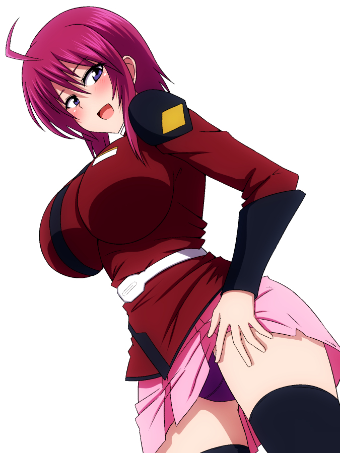 :d ahoge ayame_(gundam_build_divers) black_legwear blush breasts cosplay gundam gundam_build_divers gundam_seed hair_between_eyes large_breasts long_sleeves looking_at_viewer lunamaria_hawke lunamaria_hawke_(cosplay) marupuni military military_uniform open_mouth panties pink_skirt purple_hair purple_panties short_hair simple_background skirt smile thigh-highs underwear uniform upskirt violet_eyes white_background