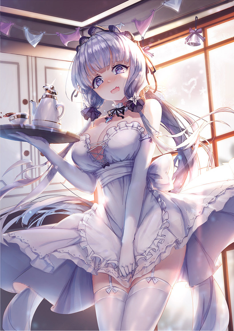 1girl apron azur_lane bangs bare_shoulders blue_eyes blush breasts choker cleavage covering covering_crotch cup detached_collar dress elbow_gloves eyebrows_visible_through_hair floating_hair frills gloves hair_ornament hair_ribbon holding holding_tray illustrious_(azur_lane) indoors large_breasts long_hair looking_at_viewer maid maid_apron maid_headdress mole mole_under_eye open_mouth ribbon sapphire_(stone) sidelocks smile solo spill teapot thigh-highs tray tress_ribbon victorian_maid white_dress white_gloves white_hair xing