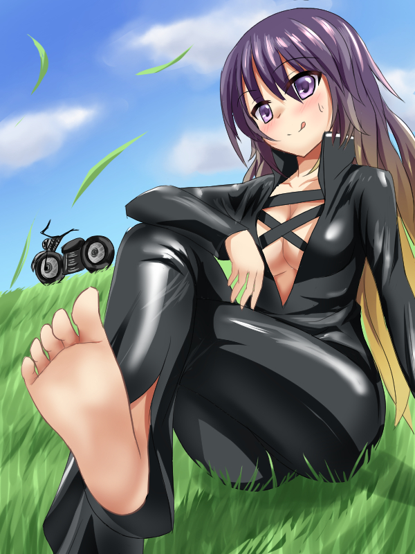 1girl :p arm_on_knee artist_request barefoot biker_clothes bikesuit blonde_hair blush breasts center_opening cleavage cross-laced_clothes feet gradient_hair grass ground_vehicle hijiri_byakuren hill long_hair long_sleeves looking_at_viewer medium_breasts motor_vehicle motorcycle multicolored_hair no_bra purple_hair sitting smile soles solo sweatdrop toes tongue tongue_out touhou turbo_byakuren two-tone_hair violet_eyes