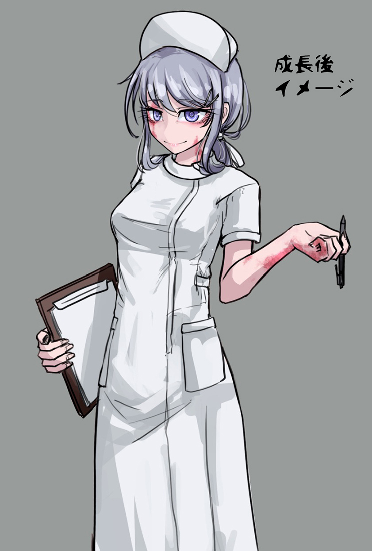 1girl bare_arms burn_scar dorei_to_no_seikatsu_~teaching_feeling~ eyebrows_visible_through_hair grey_background grey_hair hair_ornament hair_ribbon hairclip hat holding holding_notepad holding_pen long_hair looking_at_viewer notepad nurse nurse_cap official_art older pen ponytail ray-k ribbon scar short_sleeves simple_background smile solo sylvie_(dorei_to_no_seikatsu) translation_request violet_eyes white_ribbon