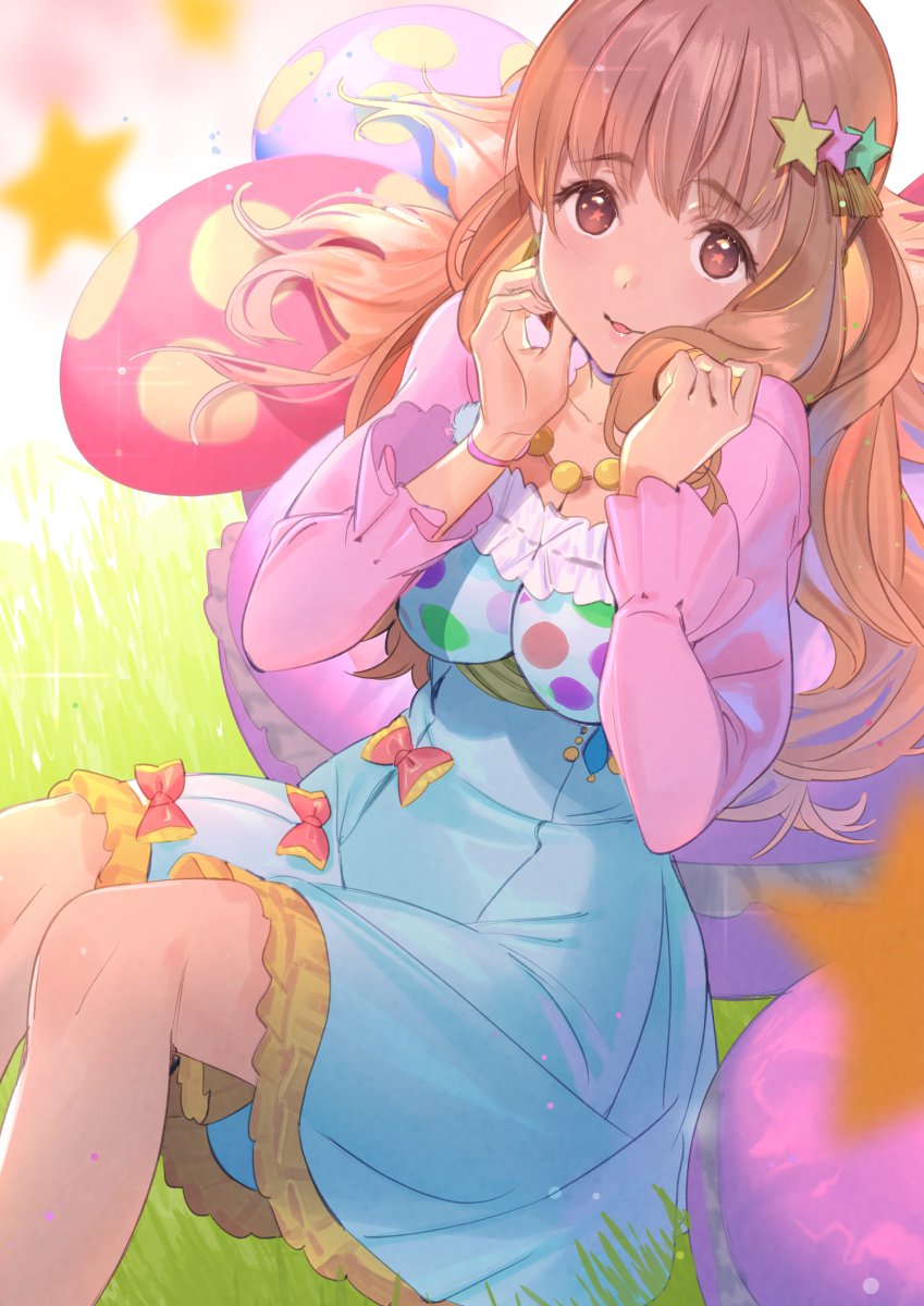 1girl :3 bangs blue_dress bracelet breasts brown_eyes brown_hair cleavage commentary_request dress eyebrows_visible_through_hair grass hair_ornament hands_up highres idolmaster idolmaster_cinderella_girls jacket jewelry koyoi_mitsuki long_hair looking_at_viewer medium_breasts moroboshi_kirari parted_lips pink_jacket smile solo star star_hair_ornament