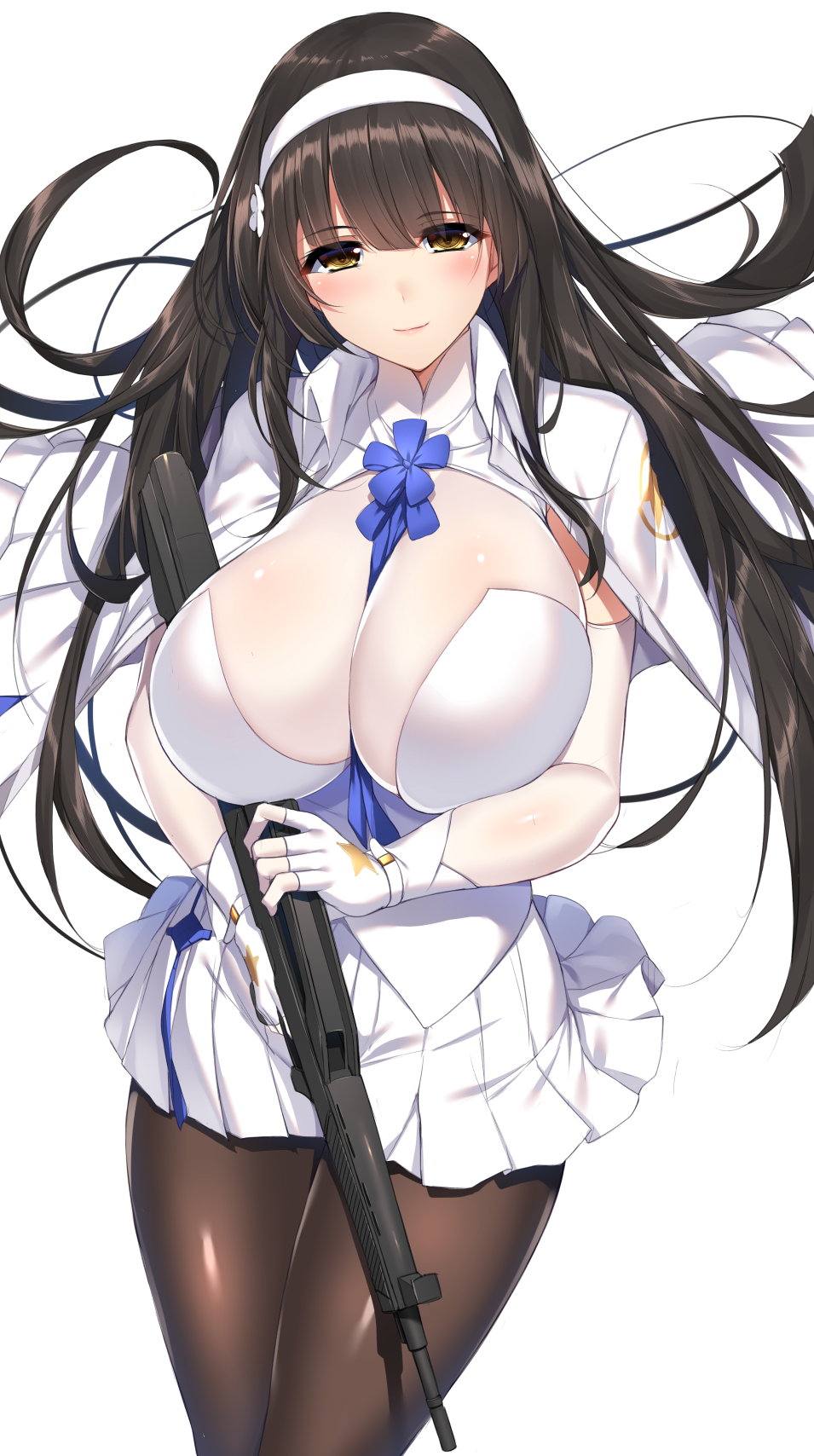 1girl assault_rifle bangs between_breasts black_hair black_legwear blue_neckwear blush breasts bullpup cape cleavage closed_mouth eyebrows_visible_through_hair floating_hair flower girls_frontline gloves gun hair_flower hair_ornament hairband highres holding large_breasts long_hair looking_at_viewer minamon_(vittel221) necktie necktie_between_breasts pantyhose qbz-95 qbz-95_(girls_frontline) rifle shirt simple_background skirt smile solo very_long_hair weapon white_gloves white_hairband white_shirt white_skirt yellow_eyes