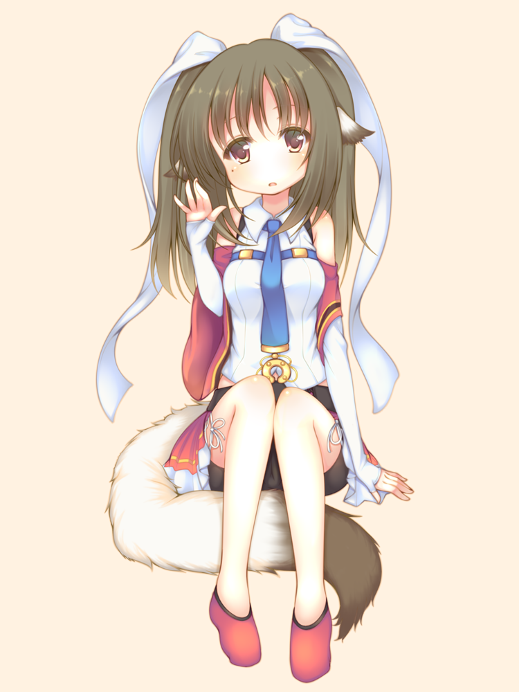 1girl animal_ears arm_support azur_lane bangs bare_shoulders black_shorts blue_neckwear blush breasts brown_background brown_eyes brown_hair character_request collared_shirt commentary_request elbow_gloves eyebrows_visible_through_hair fingerless_gloves full_body gloves hair_between_eyes hand_up head_tilt jacket mole mole_under_eye off_shoulder parted_lips red_footwear red_jacket sakurato_ototo_shizuku shirt shoes short_shorts shorts simple_background sitting sleeveless sleeveless_shirt small_breasts solo tail twintails white_gloves white_shirt