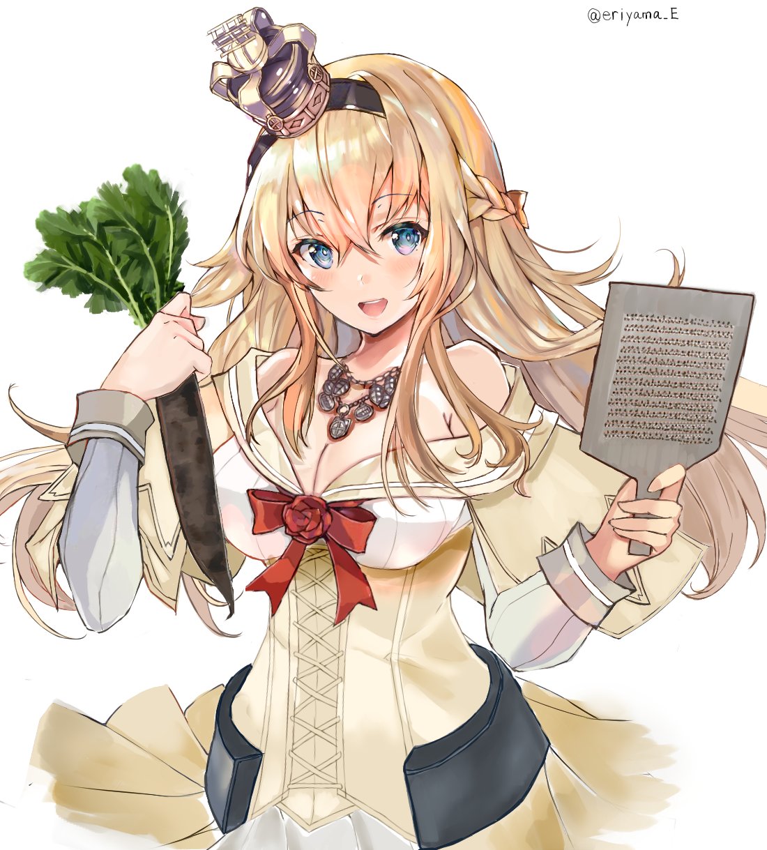 1girl bare_shoulders blonde_hair blue_eyes blush braid breasts corset cowboy_shot crown dress eriyama_(user_csua4255) flower food french_braid hair_between_eyes hairband highres holding holding_food jewelry kantai_collection long_hair long_sleeves mini_crown necklace off-shoulder_dress off_shoulder open_mouth red_flower red_ribbon red_rose ribbon rose simple_background smile solo warspite_(kantai_collection) white_background white_dress