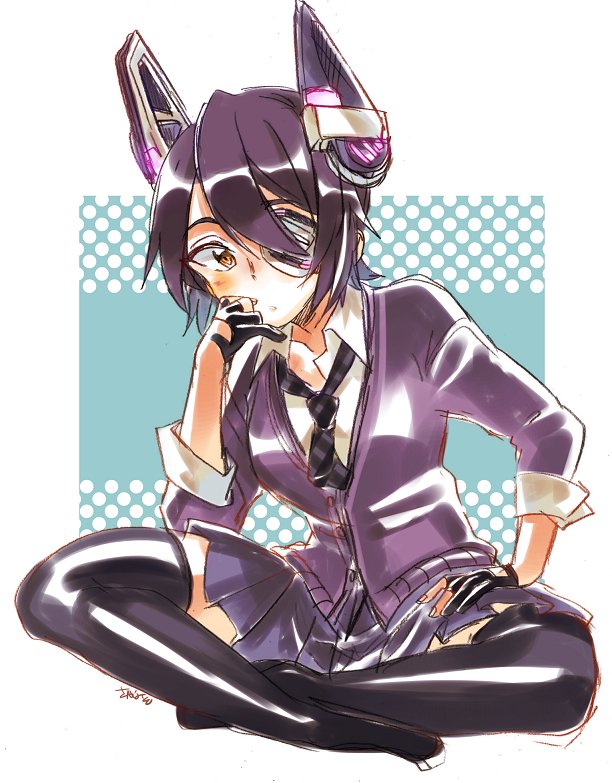1girl black_gloves black_legwear black_neckwear blush breasts buttons checkered chin_rest collarbone collared_shirt commentary eyepatch fingerless_gloves fingernails full_body gloves hand_on_own_thigh headgear indian_style jacket kantai_collection looking_at_viewer necktie no_shoes parted_lips pleated_skirt purple_jacket purple_skirt sagamiso shirt signature sitting skirt sleeves_rolled_up solo tenryuu_(kantai_collection) thigh-highs white_shirt yellow_eyes