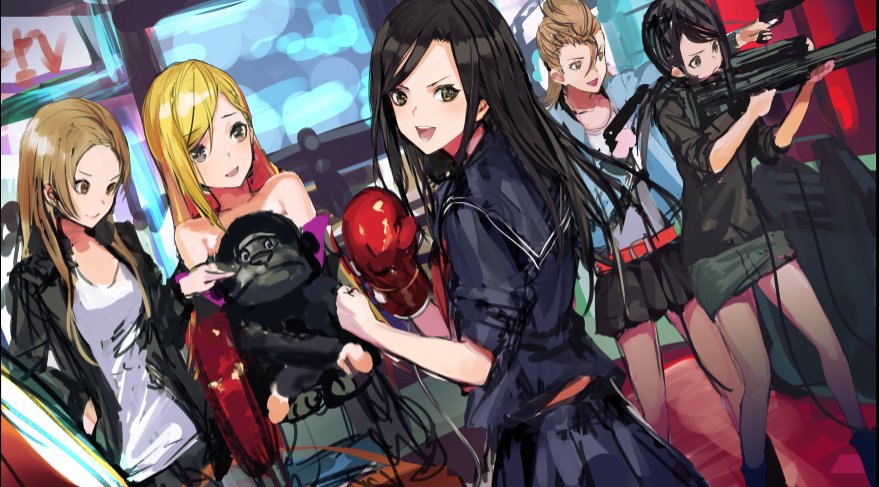 5girls :d black_hair black_jacket black_neckwear black_shorts black_skirt blonde_hair bracelet breasts brown_hair cleavage clenched_hand dress_shirt floating_hair frilled_skirt frills fujimoto_rina grin hair_between_eyes hairband idolmaster idolmaster_cinderella_girls infukun jacket jewelry kimura_natsuki long_hair matsunaga_ryou medium_breasts midriff miniskirt mukai_takumi multiple_girls navel necklace necktie open_clothes open_jacket open_mouth outstretched_arm shirt short_shorts shorts sketch skirt smile standing stomach white_shirt yamato_aki