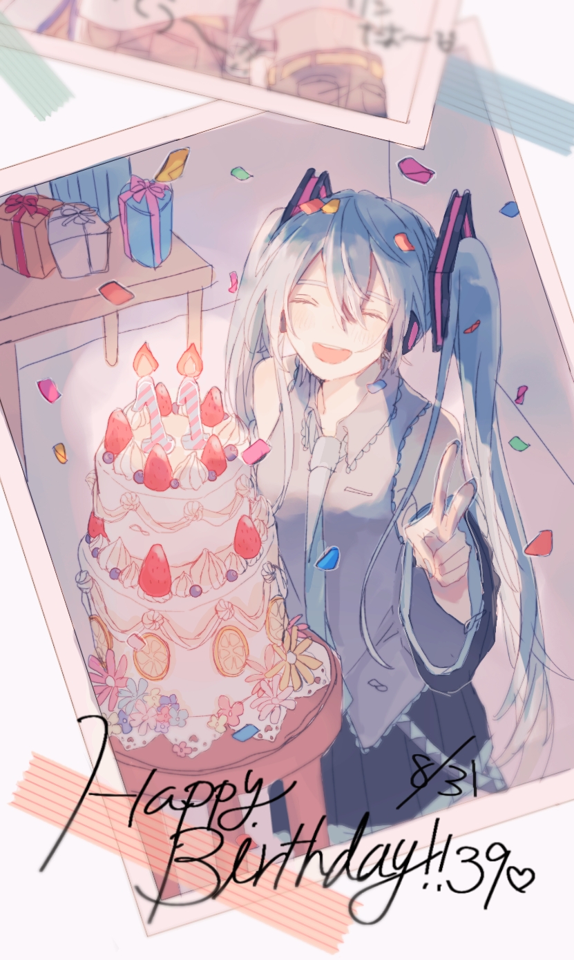 !! 1girl 39 :d ^_^ aqua_flower blue_flower blue_hair blue_nails blue_neckwear blueberry blurry blush box cake candle candlelight closed_eyes closed_eyes confetti corner dated depth_of_field dessert detached_sleeves eyebrows_visible_through_hair fingernails flower food fruit gift gift_box grey_shirt happy happy_birthday hatsune_miku headset heart highres indoors long_hair nail_polish necktie number open_mouth orange orange_flower orange_slice photo_(object) pink_flower purple_flower ribbon shirt skirt sleeveless sleeveless_shirt smile solo standing stool strawberry table twintails upper_body very_long_hair vocaloid