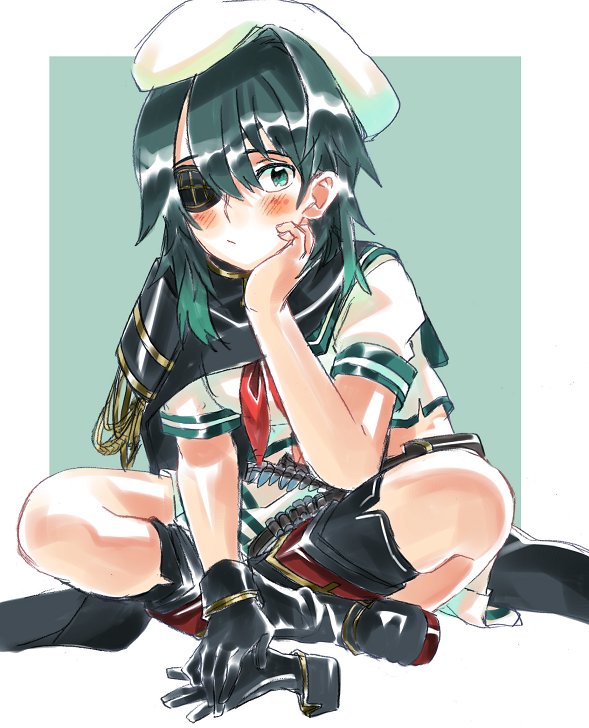 1girl ammunition_belt armor black_gloves black_legwear blush boots cape chin_rest closed_mouth commentary eyepatch flat_cap full_body gloves gloves_removed gradient_hair green_eyes green_hair green_sailor_collar hat indian_style kantai_collection kiso_(kantai_collection) looking_at_viewer multicolored_hair neckerchief red_neckwear remodel_(kantai_collection) sagamiso sailor_collar school_uniform serafuku short_sleeves sitting solo