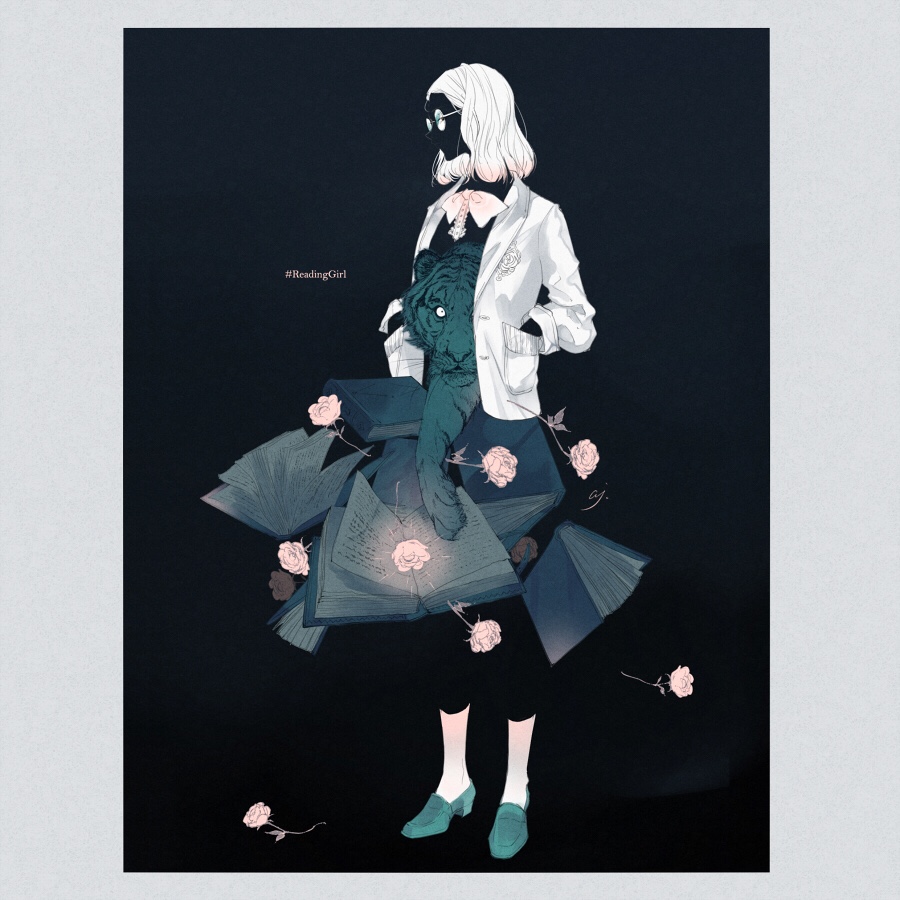 1girl ajimita book bow bowtie flower glasses hands_in_pockets hashtag jacket long_sleeves looking_at_viewer medium_hair open_book open_clothes open_jacket original pink_flower pink_rose rose silhouette solo standing tiger