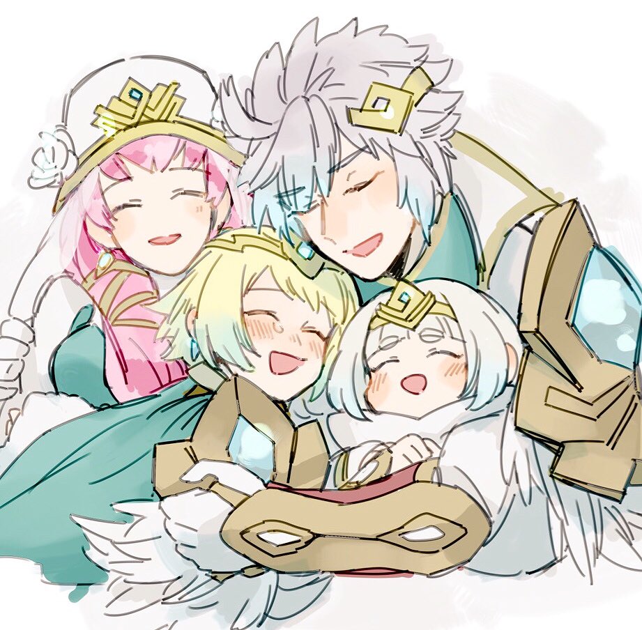 1boy blonde_hair blue_hair breasts brother_and_sister dress earrings feather_trim fire_emblem fire_emblem_heroes fjorm_(fire_emblem_heroes) fur_trim gradient gradient_hair gunnthra_(fire_emblem) hrid_(fire_emblem_heroes) hug jewelry long_hair long_sleeves multicolored_hair nintendo nonomori_(anst_nono) open_mouth pink_hair short_hair siblings simple_background sisters smile thigh-highs tiara veil violet_eyes white_hair ylgr_(fire_emblem_heroes)