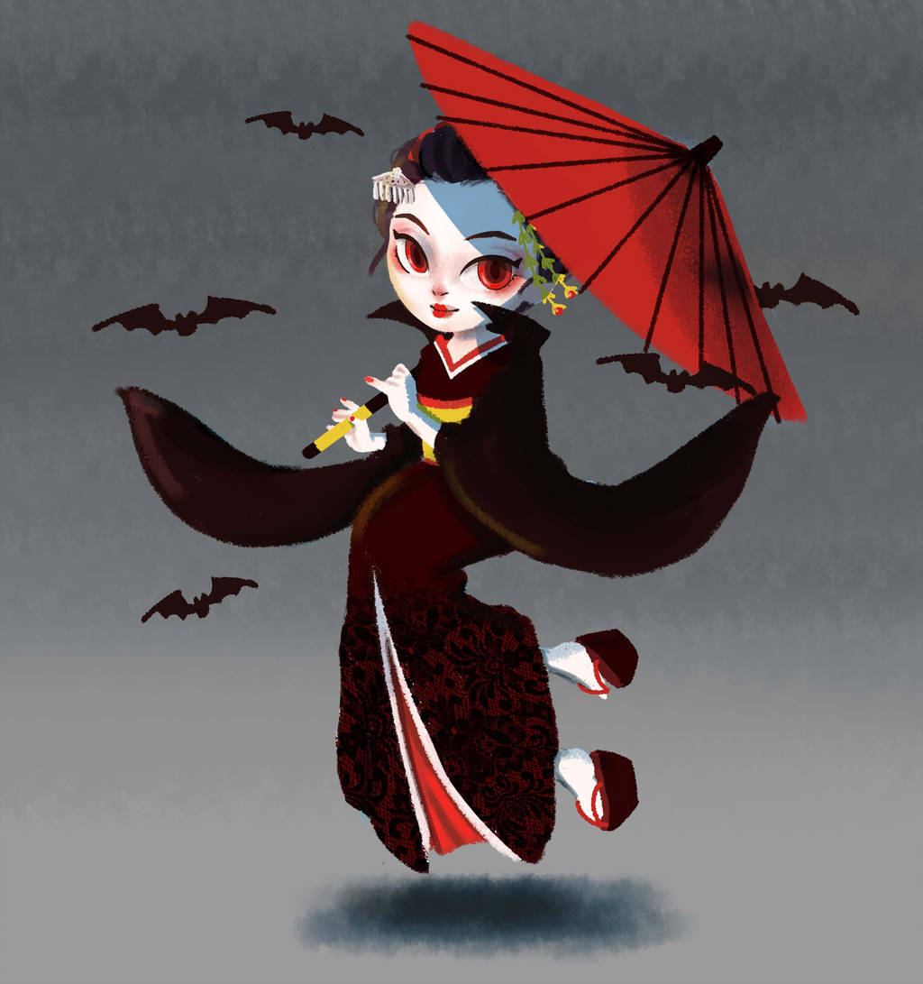 1girl bat black_hair black_kimono commentary english_commentary fingernails floating full_body grey_background hair_ornament holding holding_umbrella japanese_clothes kimono long_sleeves looking_at_viewer mona_(h-rabbit) nail_polish oriental_umbrella original pale_skin platform_footwear red_eyes red_lips red_nails red_umbrella sandals short_hair smile socks solo umbrella white_legwear wide_sleeves